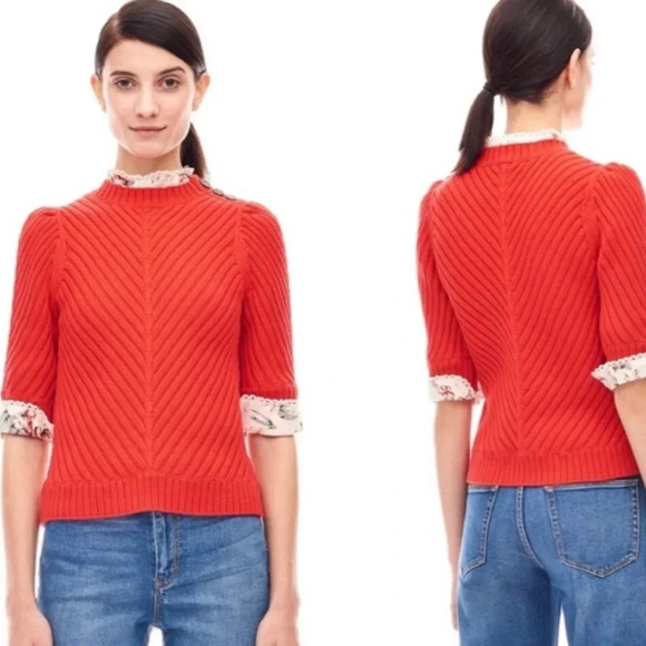 REBECCA TAYLOR La Vie Ribbed Short Sleeve Valentines Day Date Night Red Sweater - Picture 2 of 10